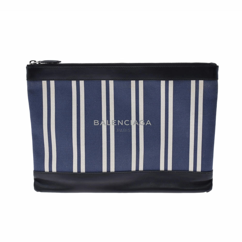 BALENCIAGA Navy Blue Clip Clutch Bag Black White Canvas Calfskin